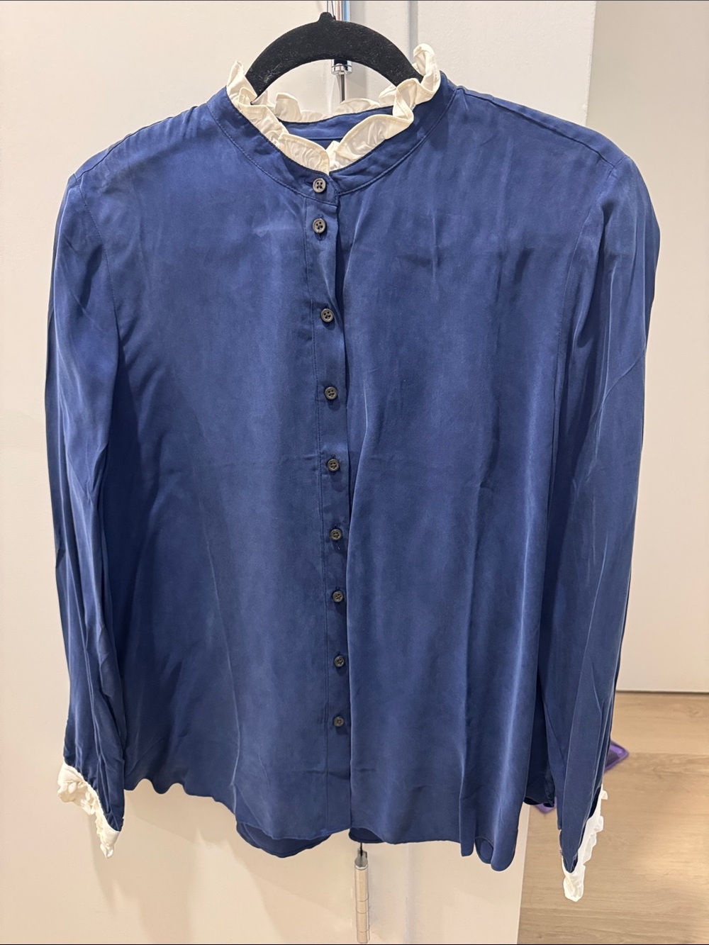 J. Crew Navy Button-Down Blouse with Cream Ruffle Trim